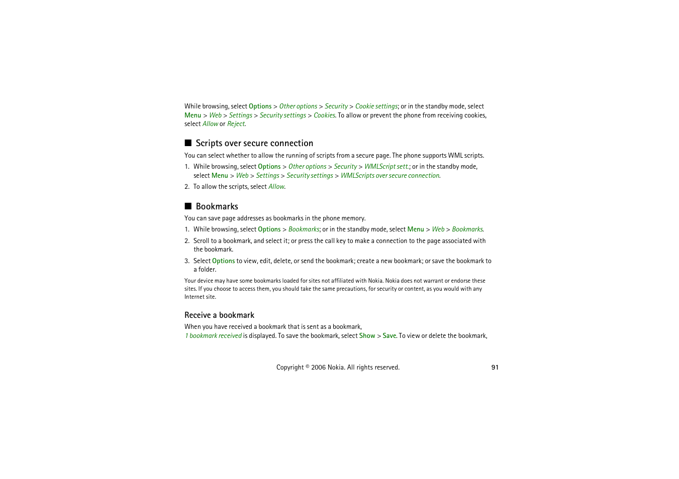 Scripts over secure connection, Bookmarks, Receive a bookmark | Scripts over secure connection bookmarks, Nu. see | Nokia 5070 User Manual | Page 91 / 112