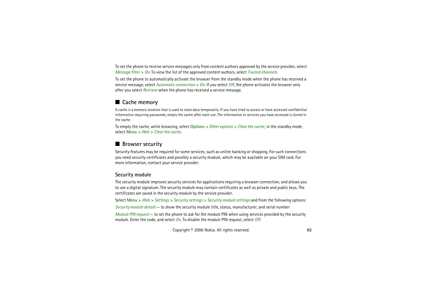 Cache memory, Browser security, Security module | Cache memory browser security | Nokia 5070 User Manual | Page 93 / 112