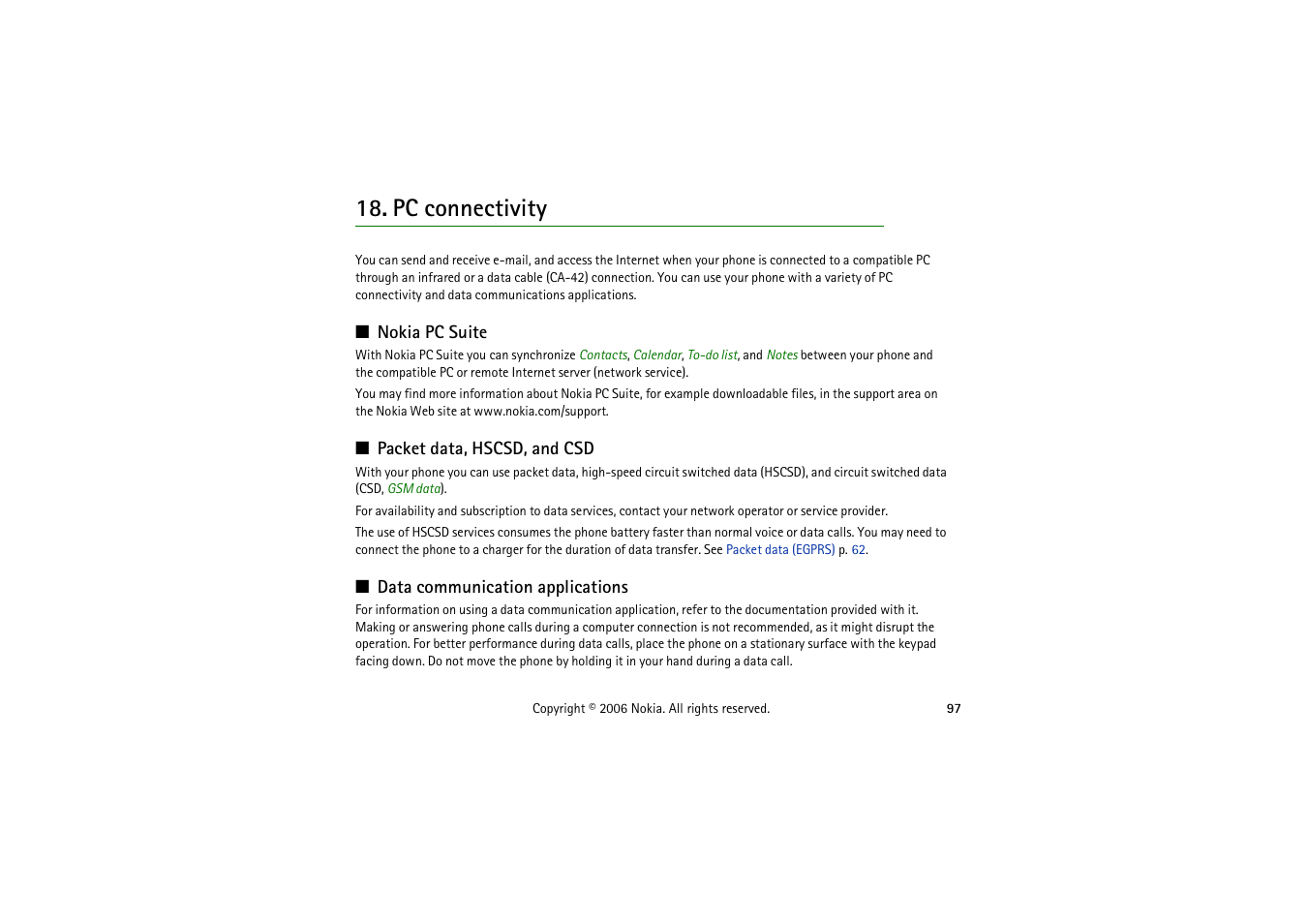 Pc connectivity, Nokia pc suite, Packet data, hscsd, and csd | Data communication applications, E. see | Nokia 5070 User Manual | Page 97 / 112