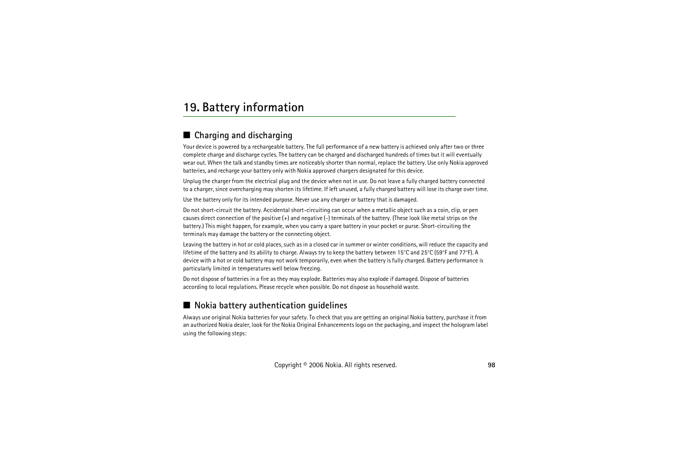 Battery information, Charging and discharging, Nokia battery authentication guidelines | Nokia 5070 User Manual | Page 98 / 112