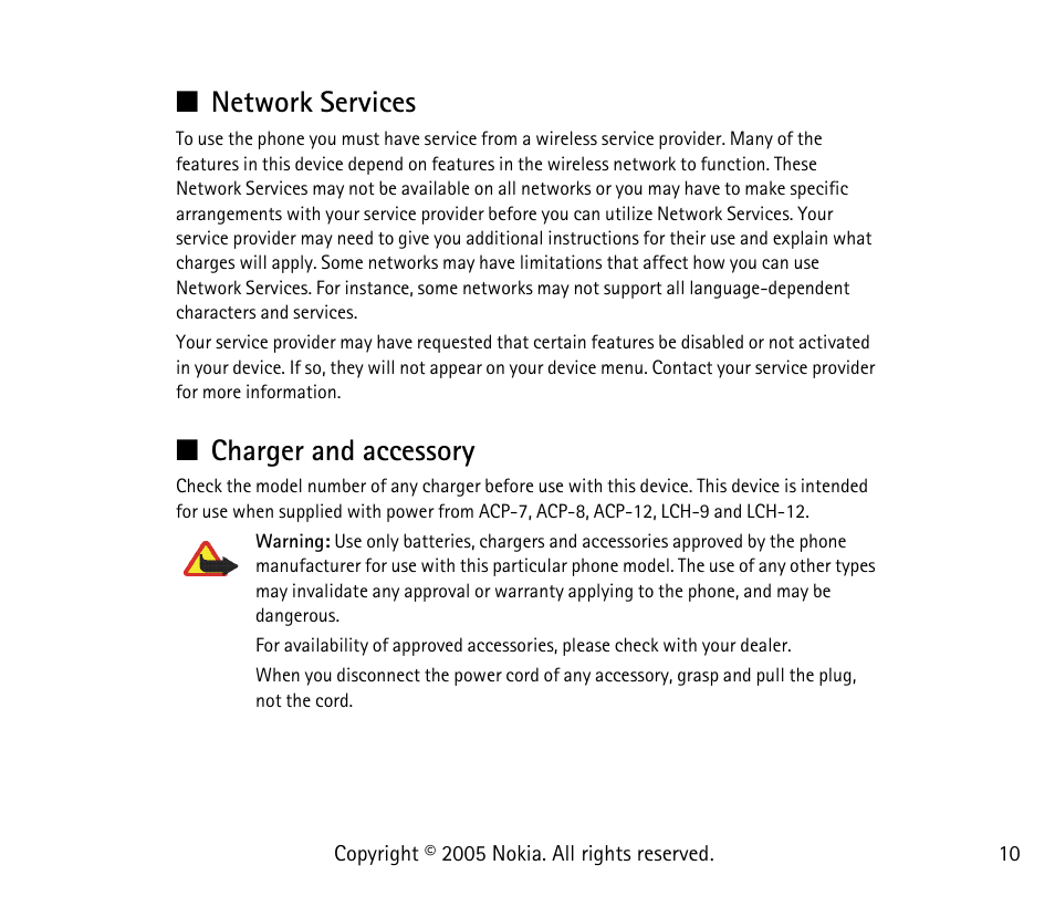 Network services, Charger and accessory | Nokia 1101 User Manual | Page 10 / 69