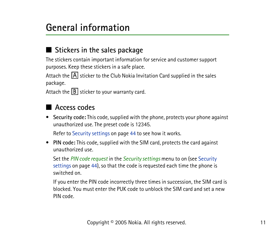 General information, Stickers in the sales package, Access codes | Stickers in the sales package access codes | Nokia 1101 User Manual | Page 11 / 69