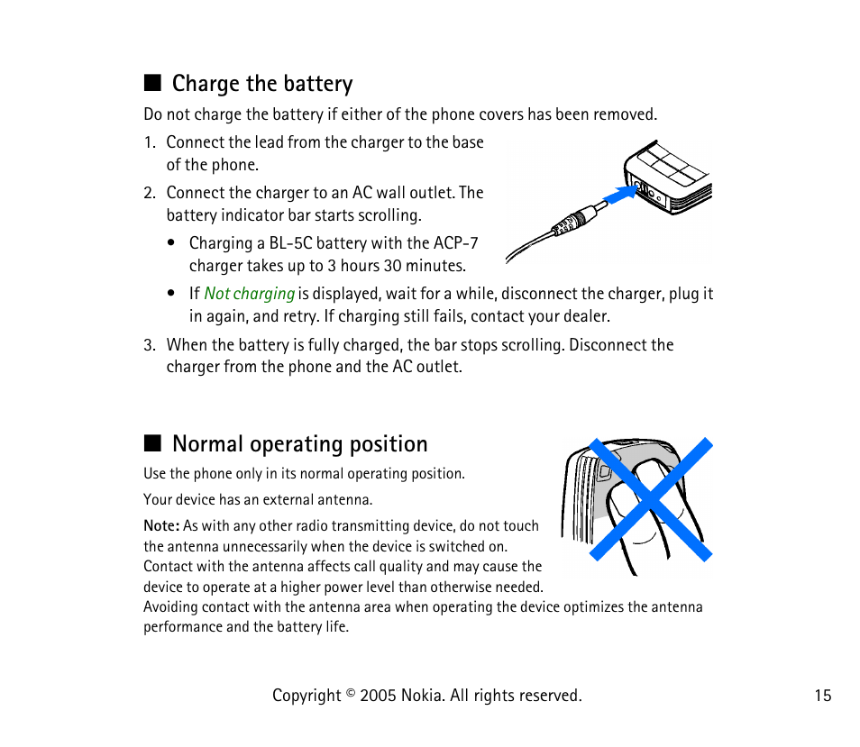 Charge the battery, Normal operating position, Charge the battery normal operating position | Nokia 1101 User Manual | Page 15 / 69