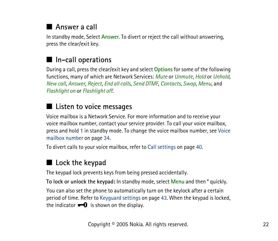 Answer a call, In-call operations, Listen to voice messages | Lock the keypad, Tones (menu 4) | Nokia 1101 User Manual | Page 22 / 69