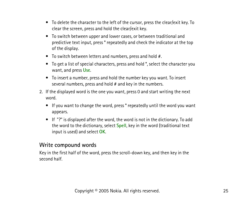 Write compound words | Nokia 1101 User Manual | Page 25 / 69