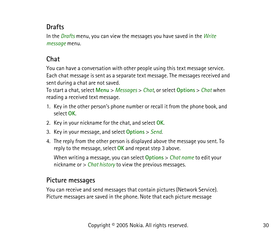 Drafts, Chat, Picture messages | Drafts chat picture messages | Nokia 1101 User Manual | Page 30 / 69