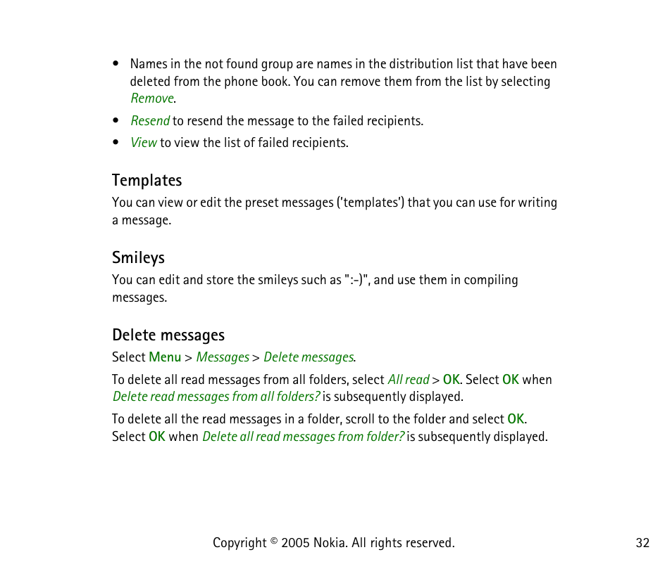 Templates, Smileys, Delete messages | Templates smileys delete messages | Nokia 1101 User Manual | Page 32 / 69