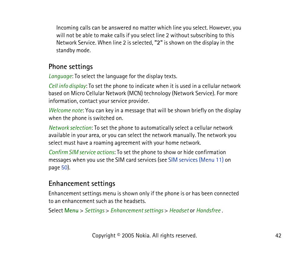 Phone settings, Enhancement settings, Phone settings enhancement settings | Nokia 1101 User Manual | Page 42 / 69