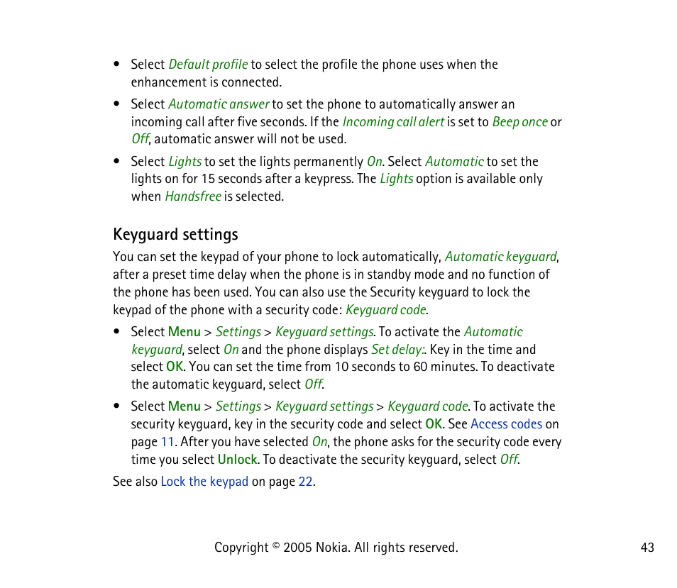 Keyguard settings | Nokia 1101 User Manual | Page 43 / 69