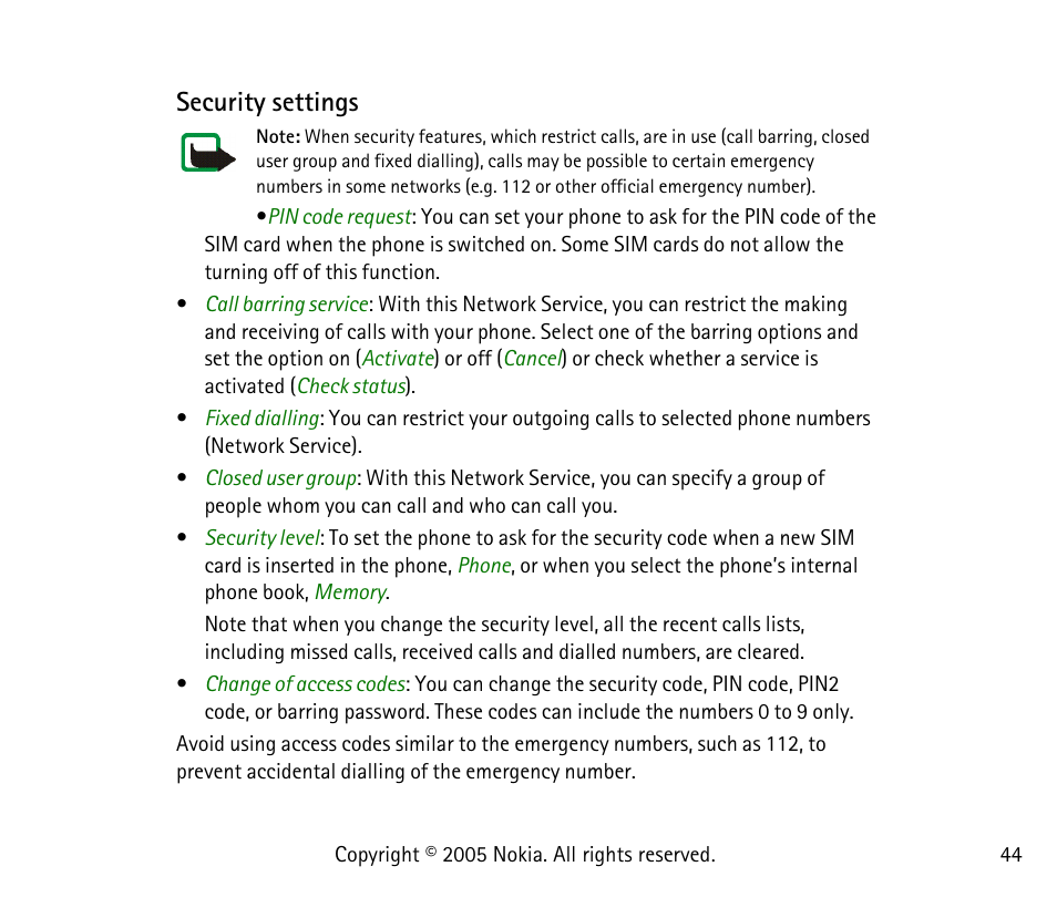 Security settings, To see, Security | Settings, On pag | Nokia 1101 User Manual | Page 44 / 69