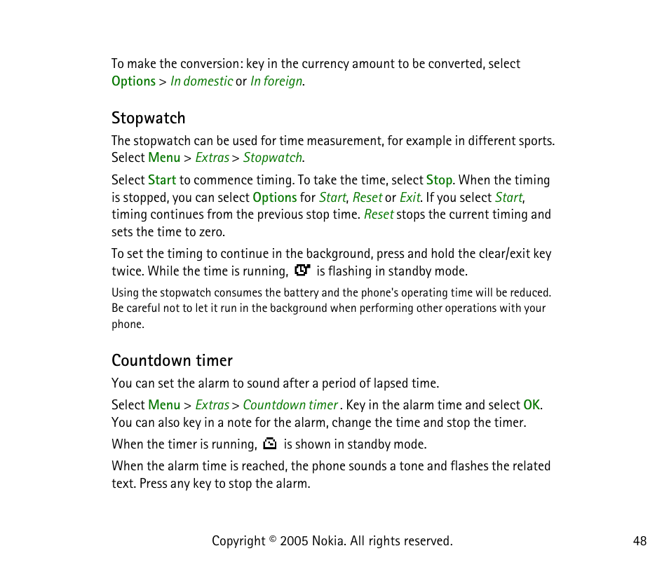 Stopwatch, Countdown timer, Stopwatch countdown timer | Nokia 1101 User Manual | Page 48 / 69