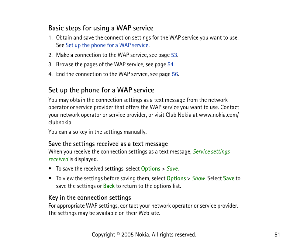 Basic steps for using a wap service, Set up the phone for a wap service | Nokia 1101 User Manual | Page 51 / 69