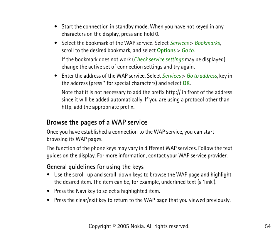 Browse the pages of a wap service | Nokia 1101 User Manual | Page 54 / 69