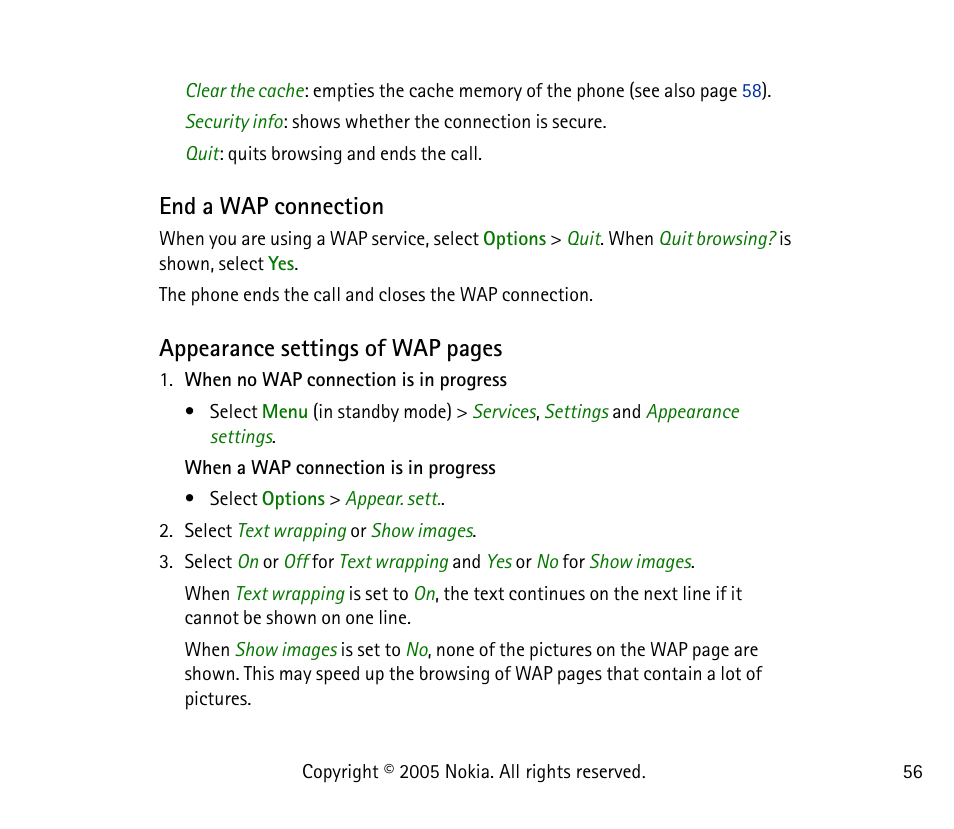 End a wap connection, Appearance settings of wap pages | Nokia 1101 User Manual | Page 56 / 69