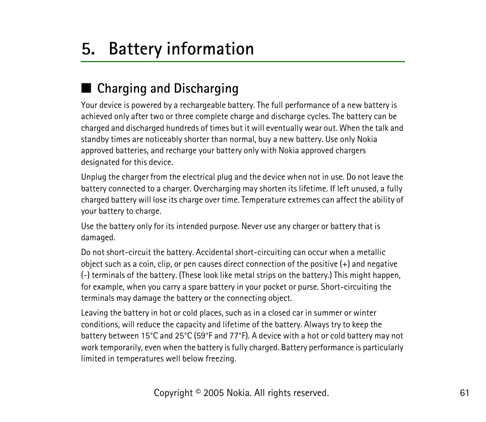 Battery information, Charging and discharging | Nokia 1101 User Manual | Page 61 / 69