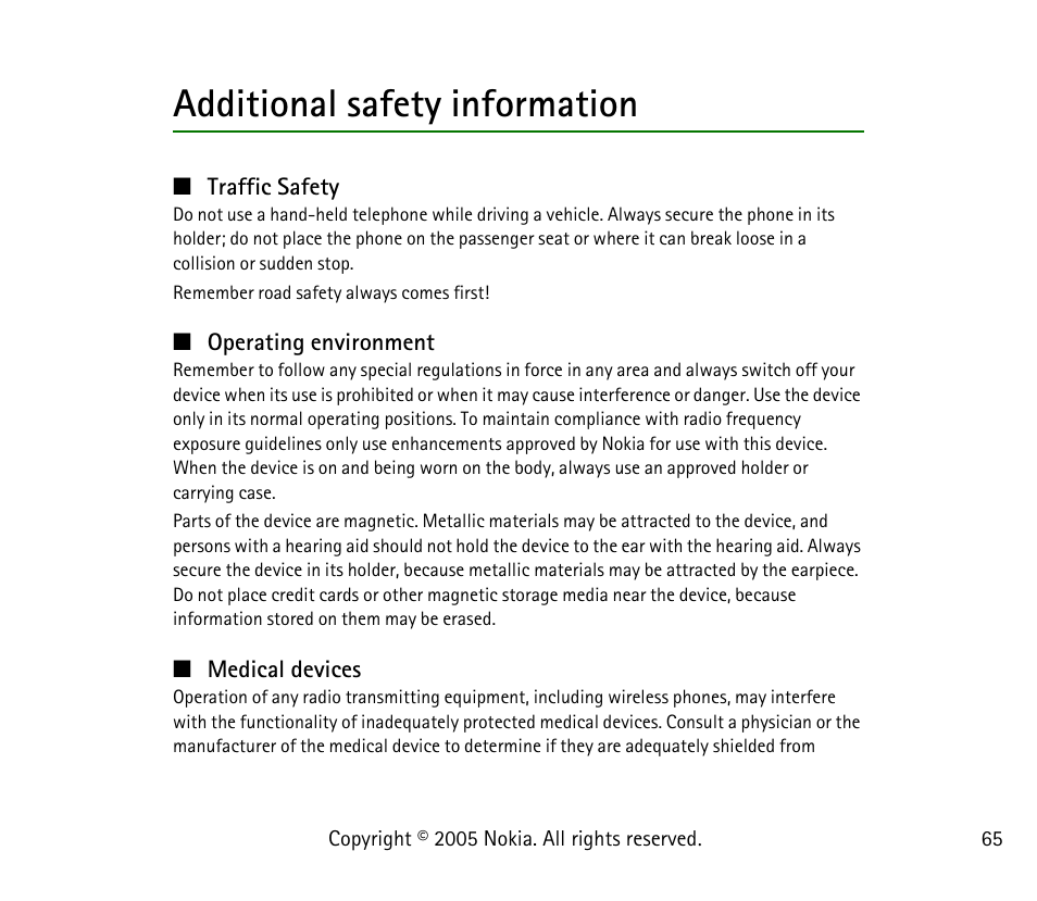 Additional safety information | Nokia 1101 User Manual | Page 65 / 69