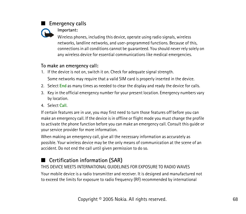 Emergency calls, Certification information (sar) | Nokia 1101 User Manual | Page 68 / 69