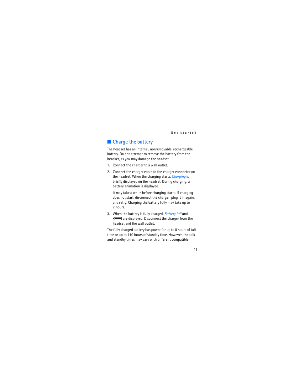 Charge the battery | Nokia BH-902 User Manual | Page 11 / 30