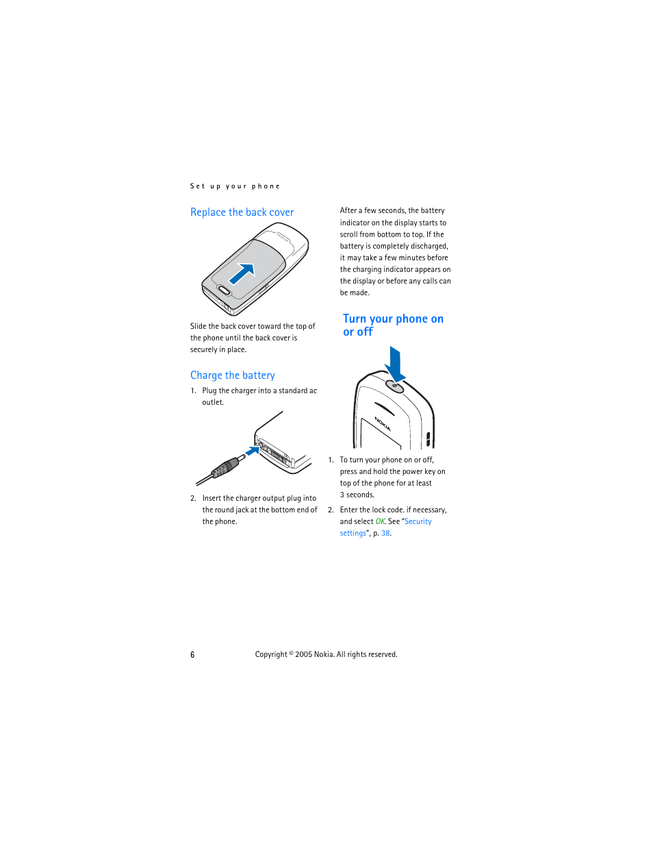 Replace the back cover, Charge the battery, Turn your phone on or off | Replace the back cover charge the battery | Nokia 2125 User Manual | Page 16 / 78