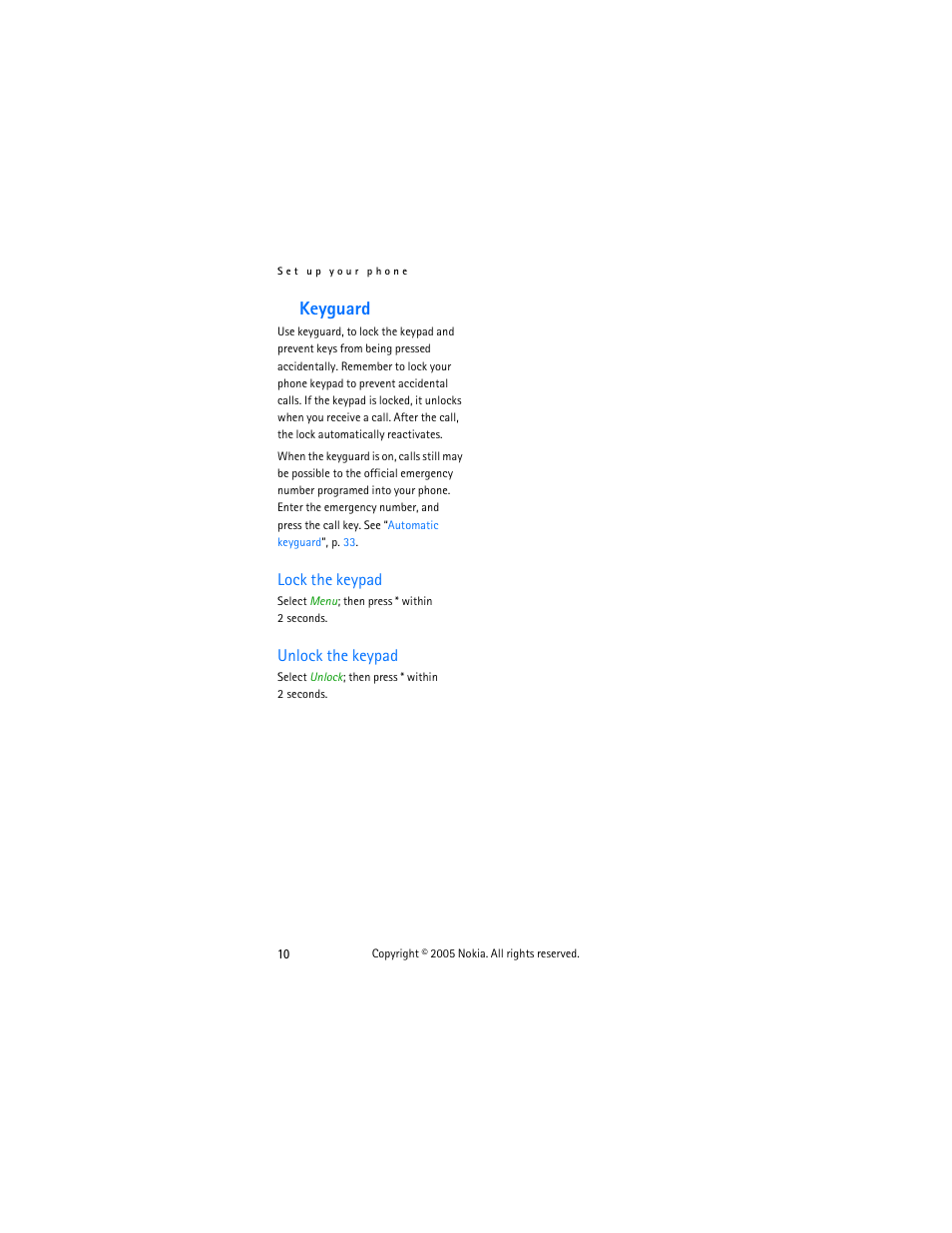Keyguard, Lock the keypad, Unlock the keypad | Lock the keypad unlock the keypad | Nokia 2125 User Manual | Page 20 / 78