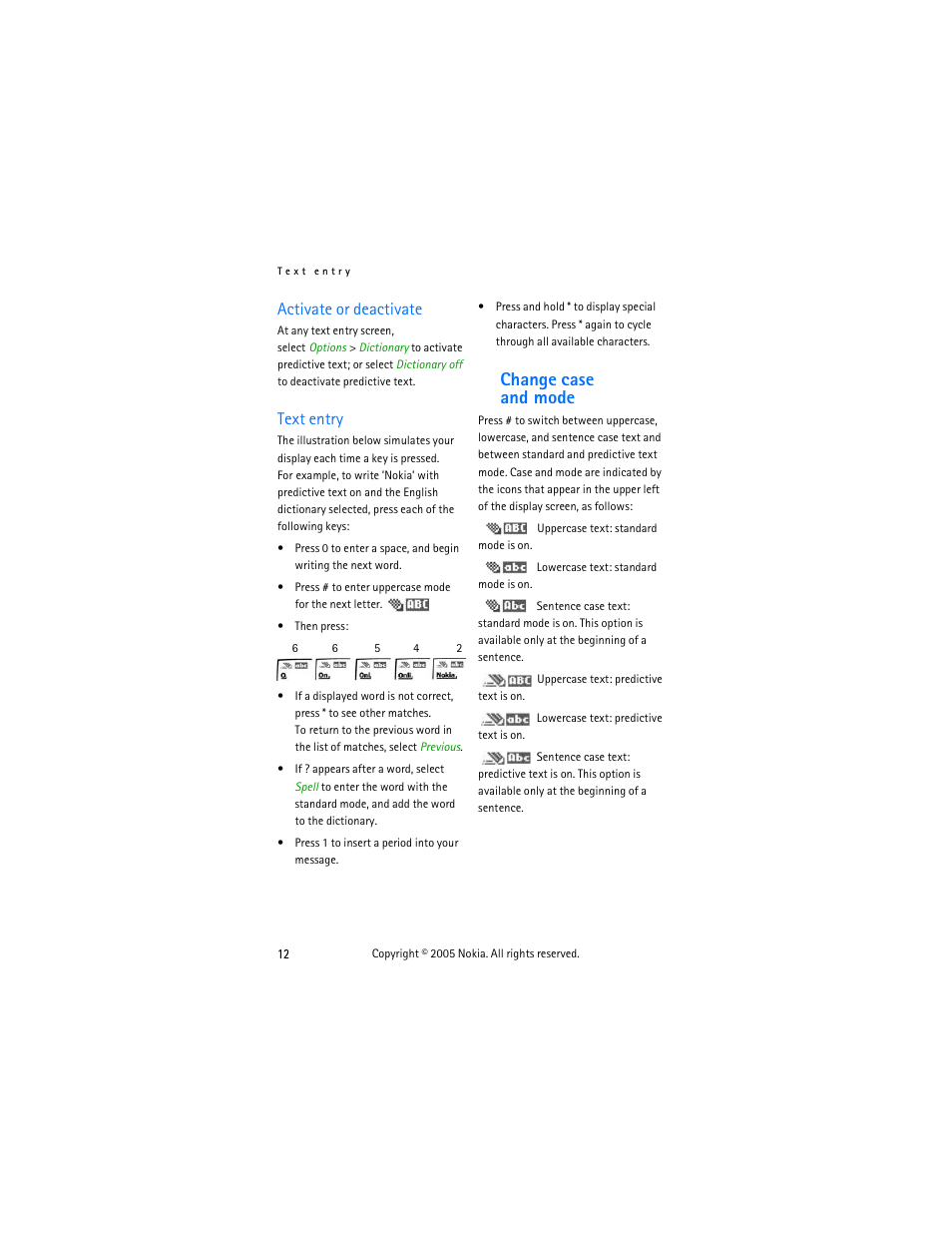 Activate or deactivate, Text entry, Change case andmode | Activate or deactivate text entry, Change case and mode | Nokia 2125 User Manual | Page 22 / 78