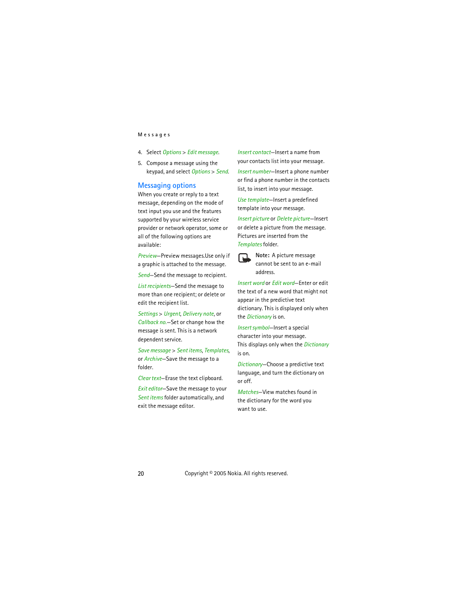 Messaging options | Nokia 2125 User Manual | Page 30 / 78
