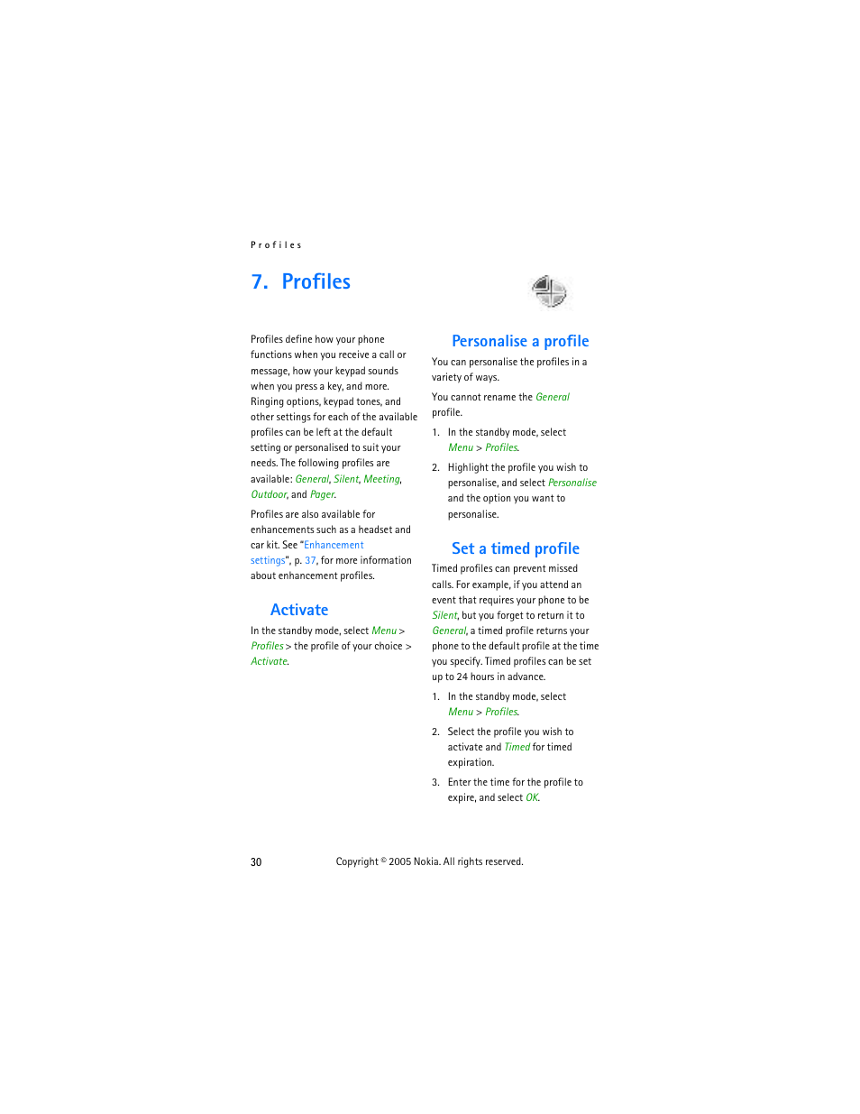 Profiles, Activate, Personalise a profile | Set a timed profile, Activate personalise a profile set a timed profile | Nokia 2125 User Manual | Page 40 / 78