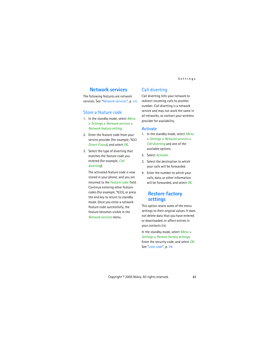 Network services, Store a feature code, Call diverting | Activate, Restore factory settings, Store a feature code call diverting | Nokia 2125 User Manual | Page 51 / 78