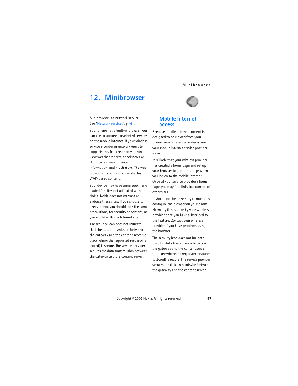 Minibrowser, Mobile internet access | Nokia 2125 User Manual | Page 57 / 78