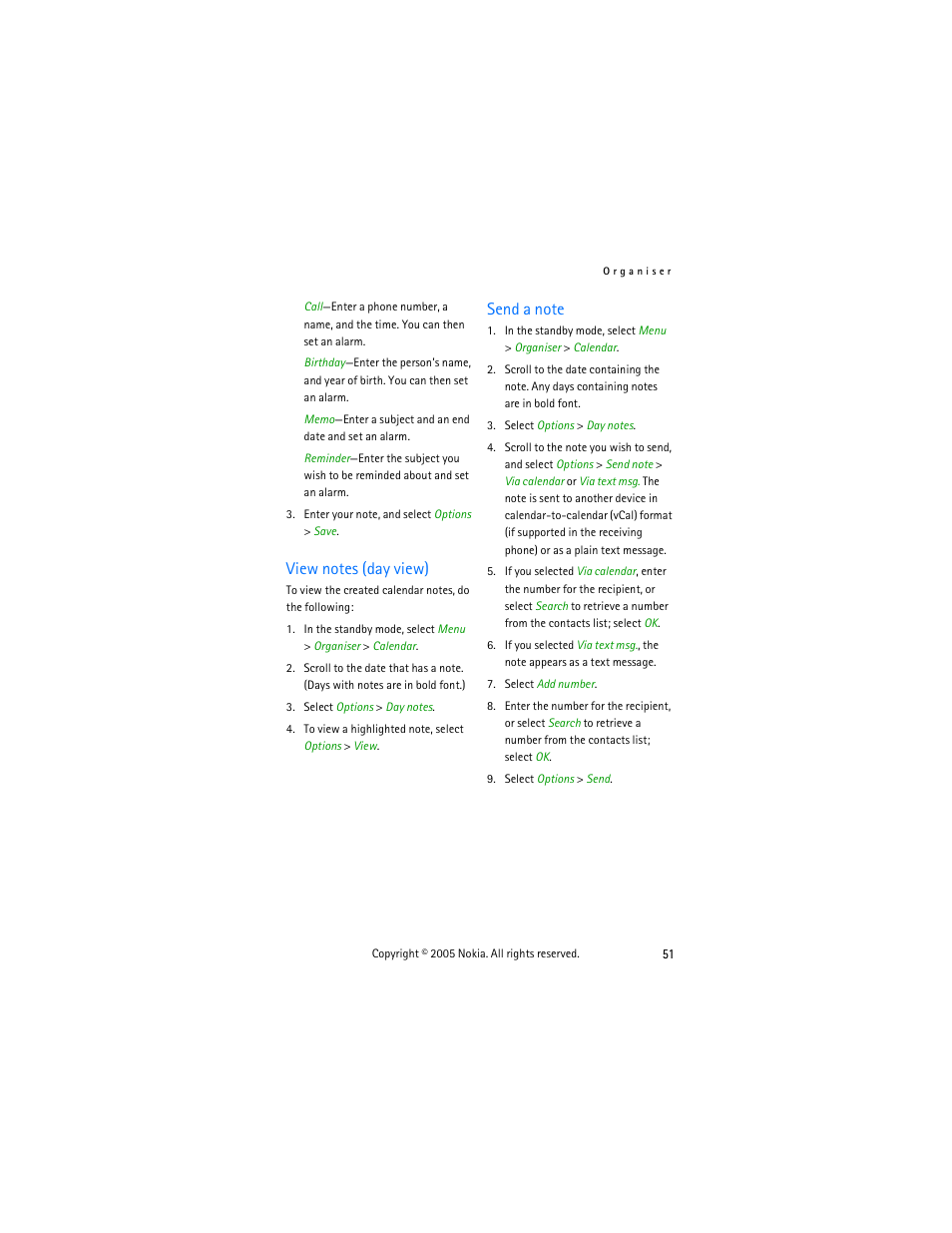 View notes (day view), Send a note, View notes (day view) send a note | Nokia 2125 User Manual | Page 61 / 78