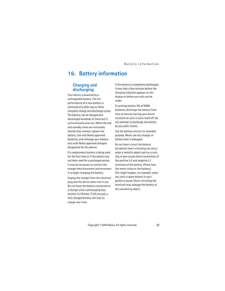 Battery information, Charging and discharging | Nokia 2125 User Manual | Page 67 / 78