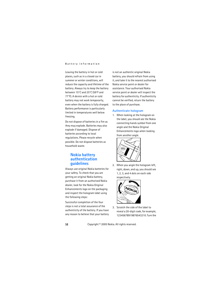 Nokia battery authentication guidelines | Nokia 2125 User Manual | Page 68 / 78