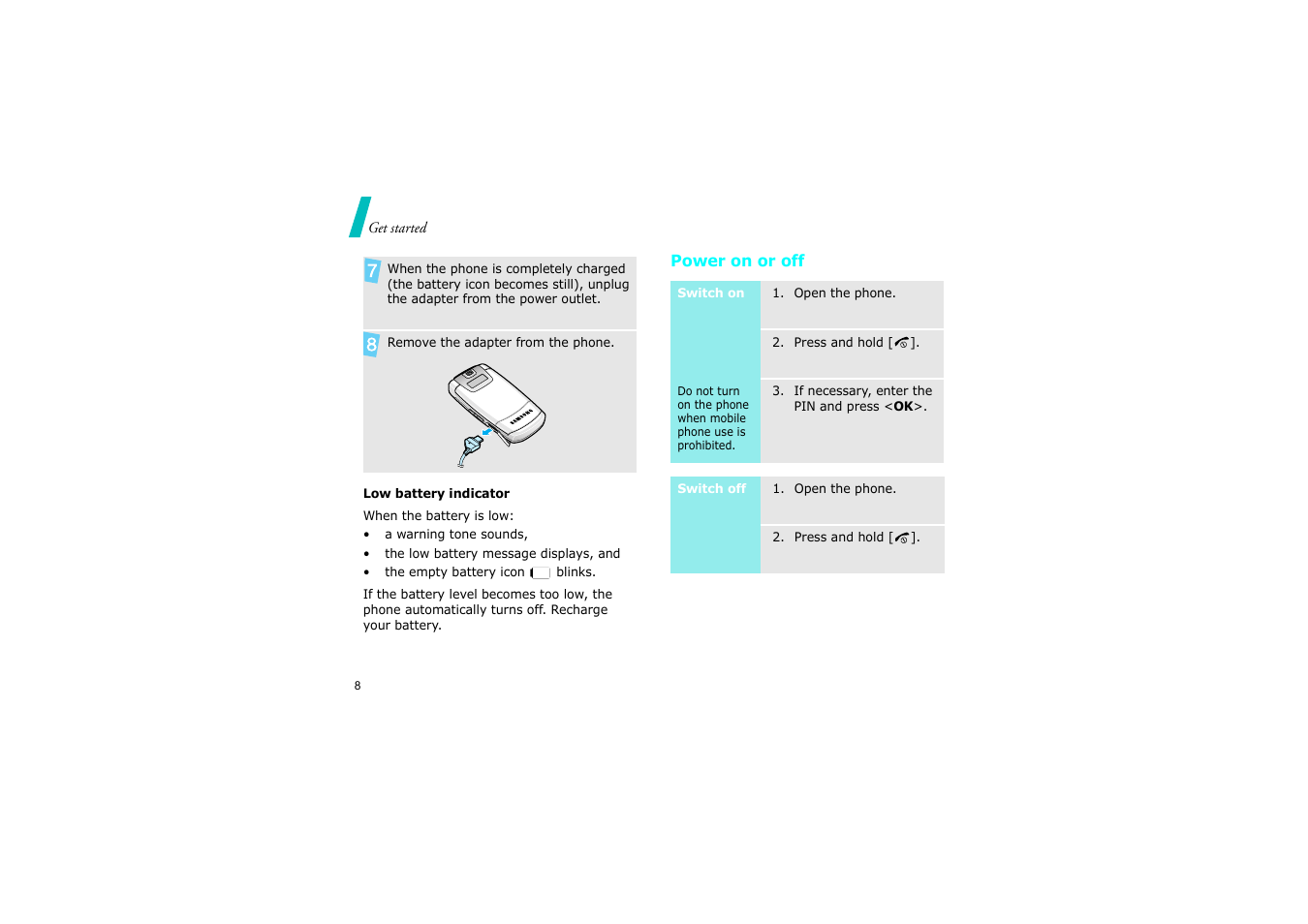 Power on or off | Nokia SGH-D830 User Manual | Page 10 / 113