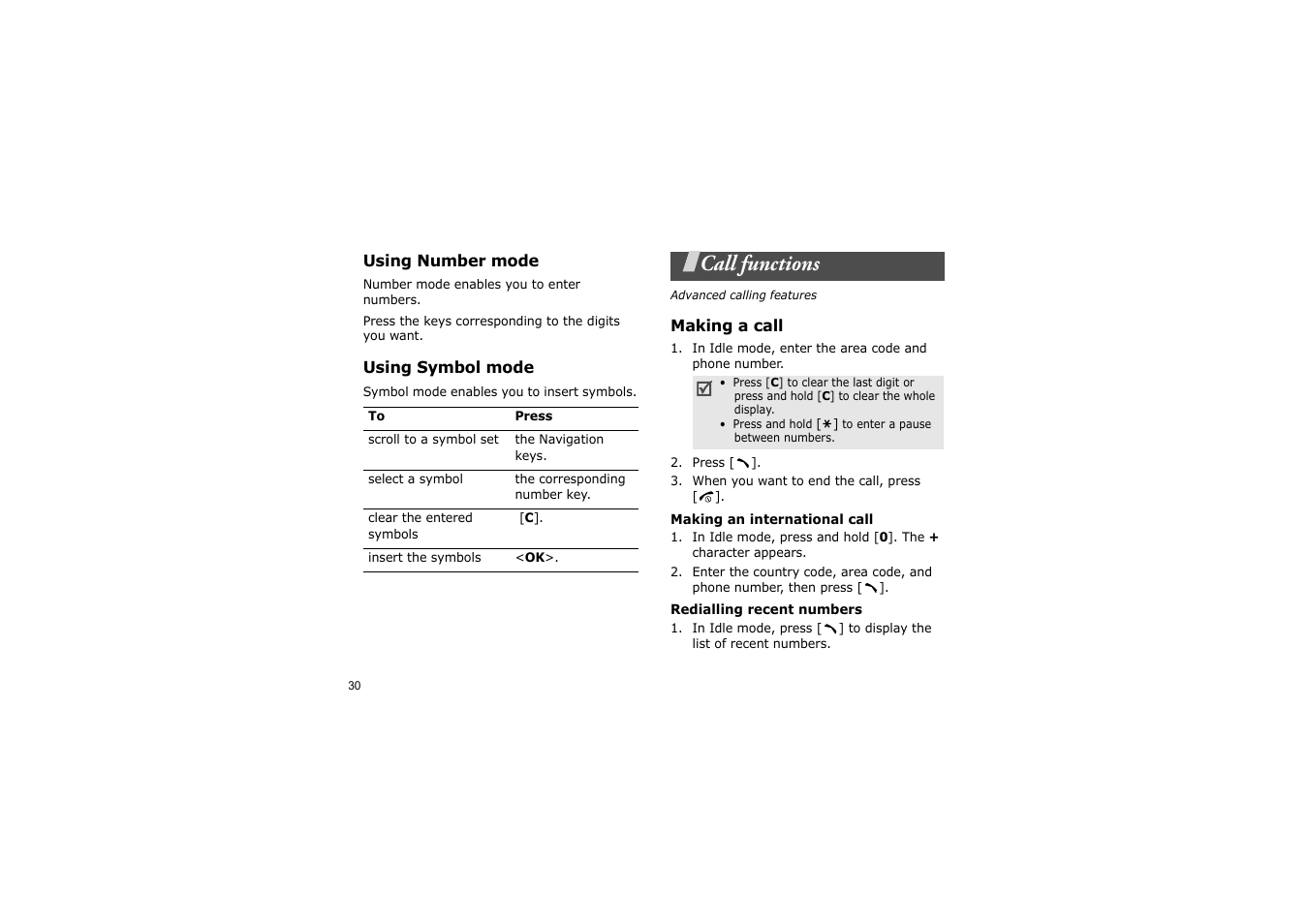 Using number mode, Using symbol mode, Call functions | Making a call, Advanced calling features | Nokia SGH-D830 User Manual | Page 32 / 113