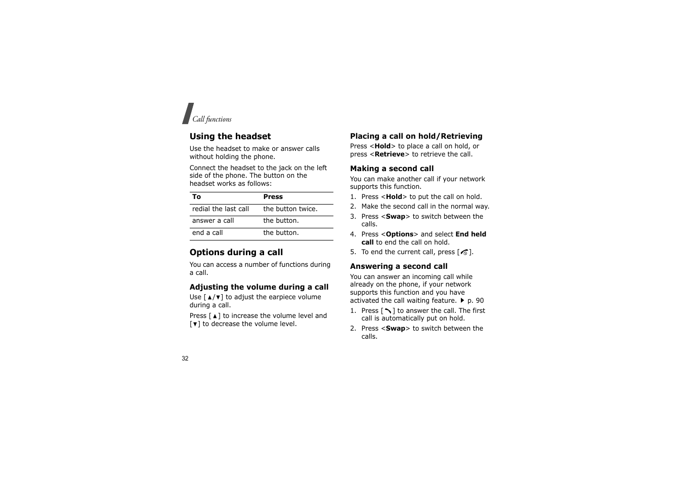 Using the headset, Options during a call | Nokia SGH-D830 User Manual | Page 34 / 113