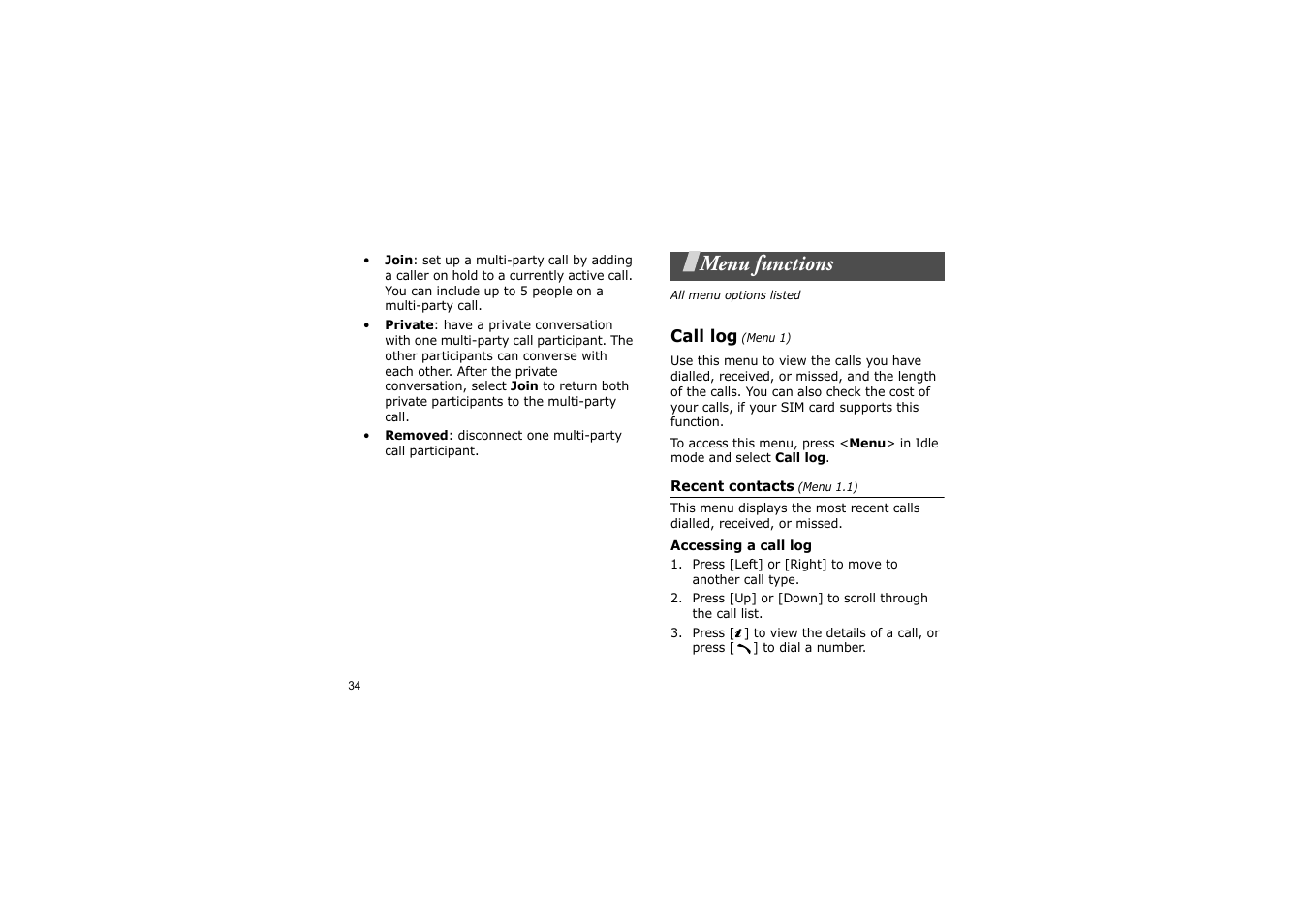 Menu functions, Call log (menu 1), All menu options listed | P. 34 | Nokia SGH-D830 User Manual | Page 36 / 113