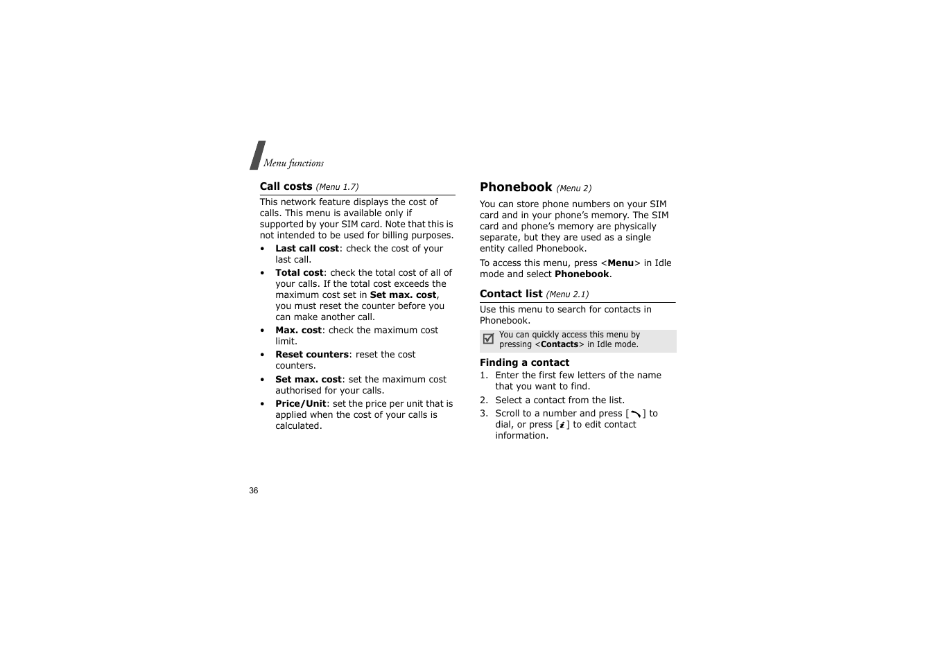 Phonebook (menu 2), P. 36 | Nokia SGH-D830 User Manual | Page 38 / 113