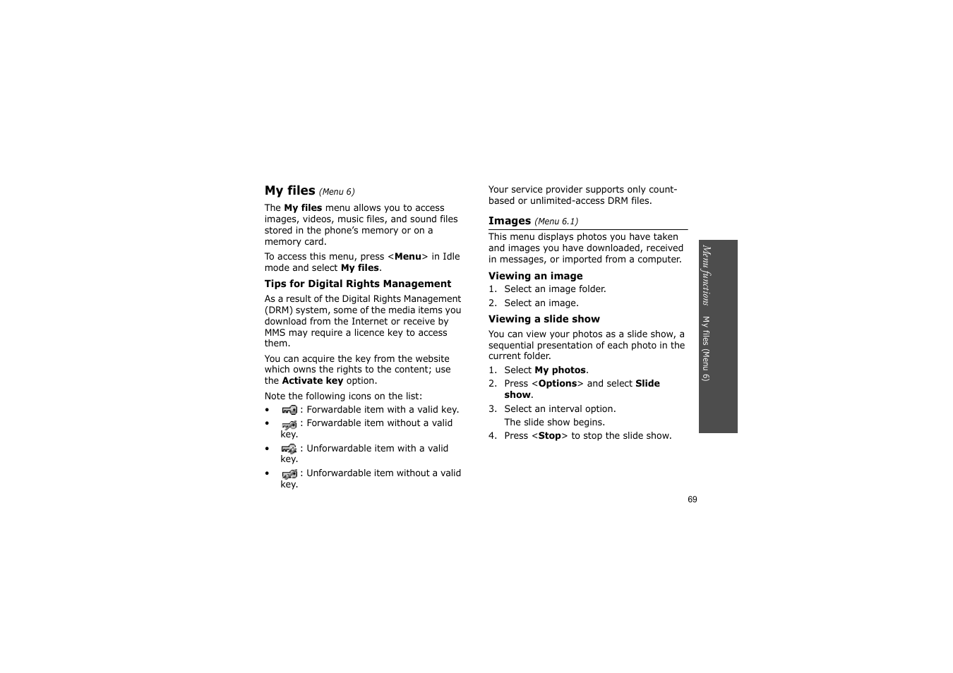 My files (menu 6), P. 69 | Nokia SGH-D830 User Manual | Page 71 / 113