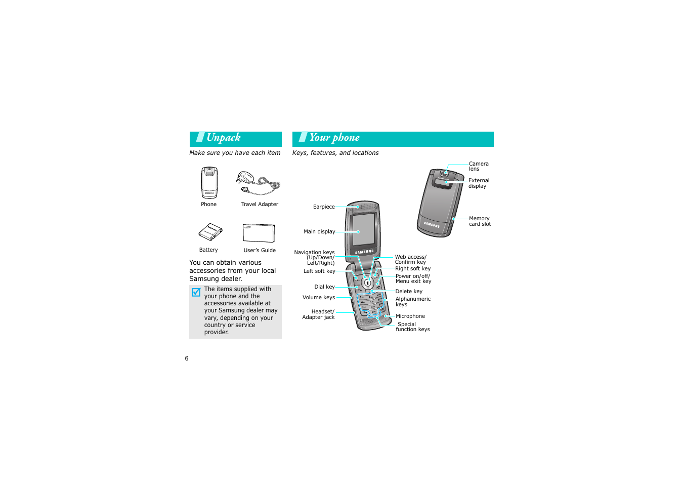 Unpack, Your phone, Make sure you have each item | Keys, features, and locations | Nokia SGH-D830 User Manual | Page 8 / 113