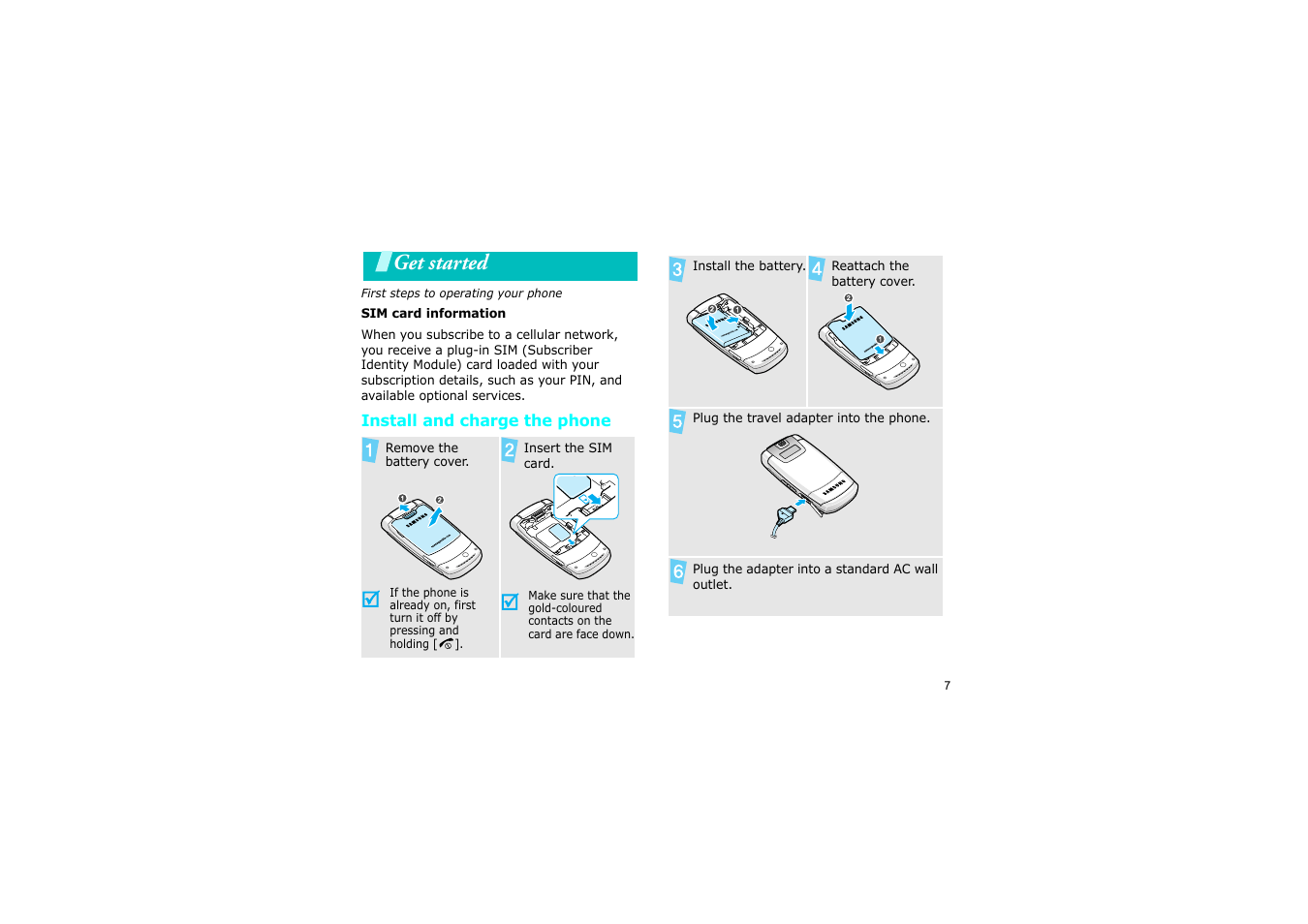 Get started, Install and charge the phone | Nokia SGH-D830 User Manual | Page 9 / 113