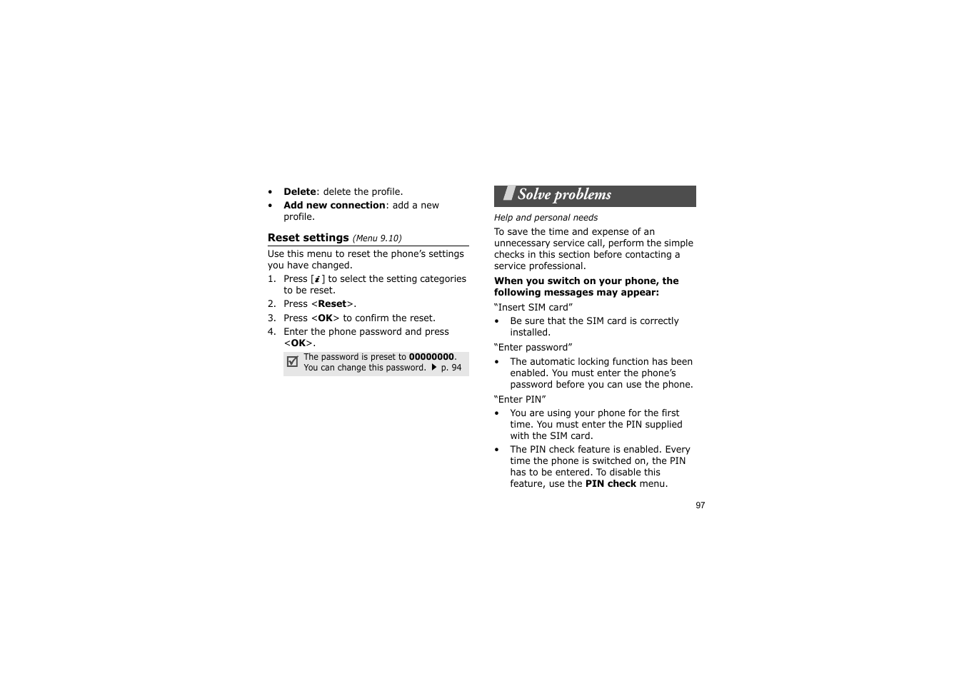 Solve problems, Help and personal needs, P. 97 | Nokia SGH-D830 User Manual | Page 99 / 113