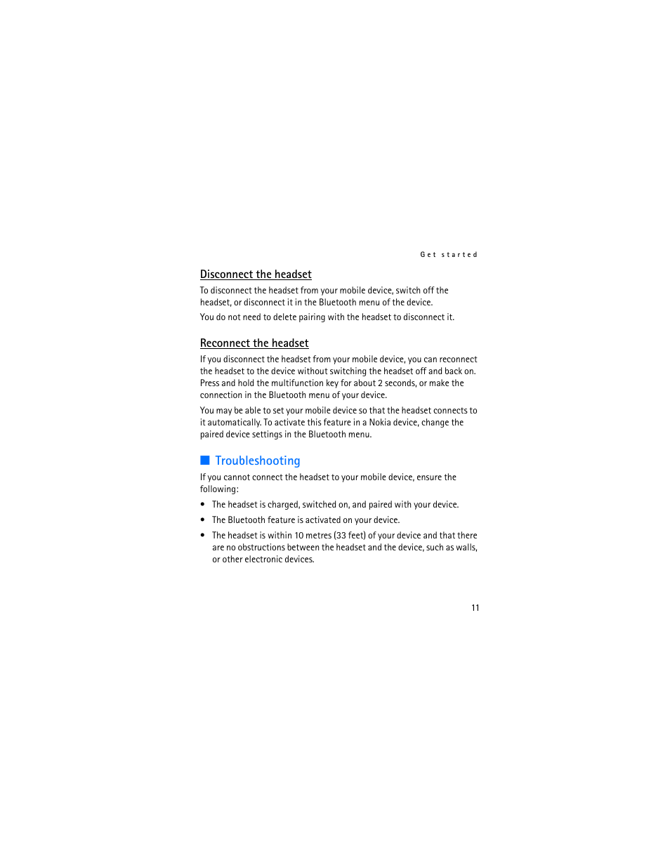 Disconnect the headset, Reconnect the headset, Troubleshooting | Nokia BH-804 User Manual | Page 11 / 19