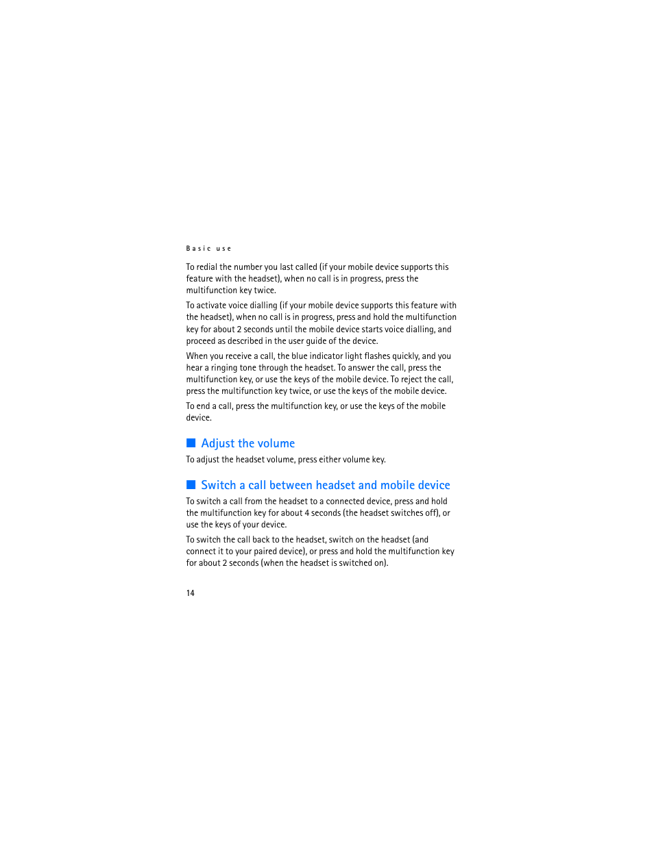 Adjust the volume, Switch a call between headset and mobile device | Nokia BH-804 User Manual | Page 14 / 19
