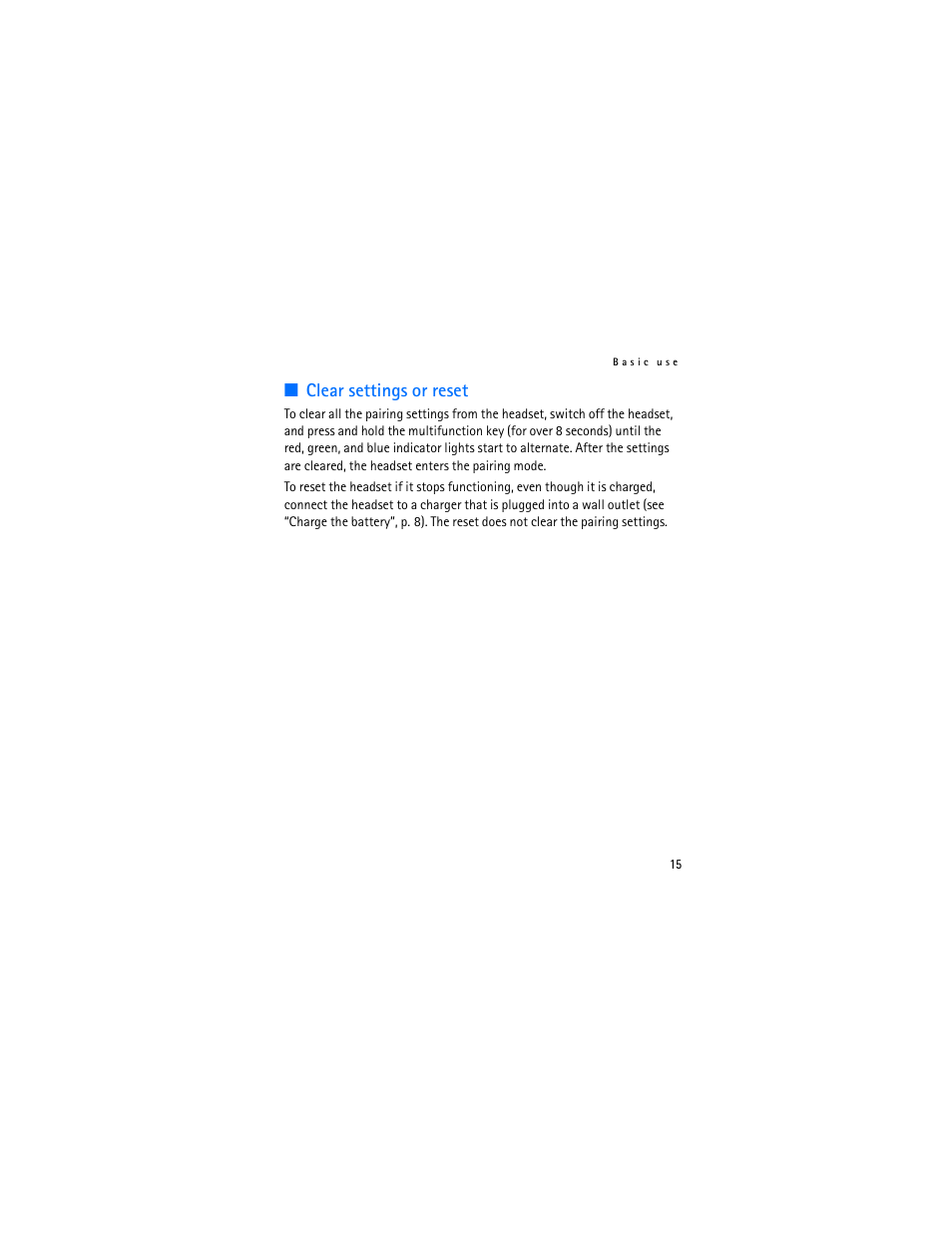 Clear settings or reset | Nokia BH-804 User Manual | Page 15 / 19