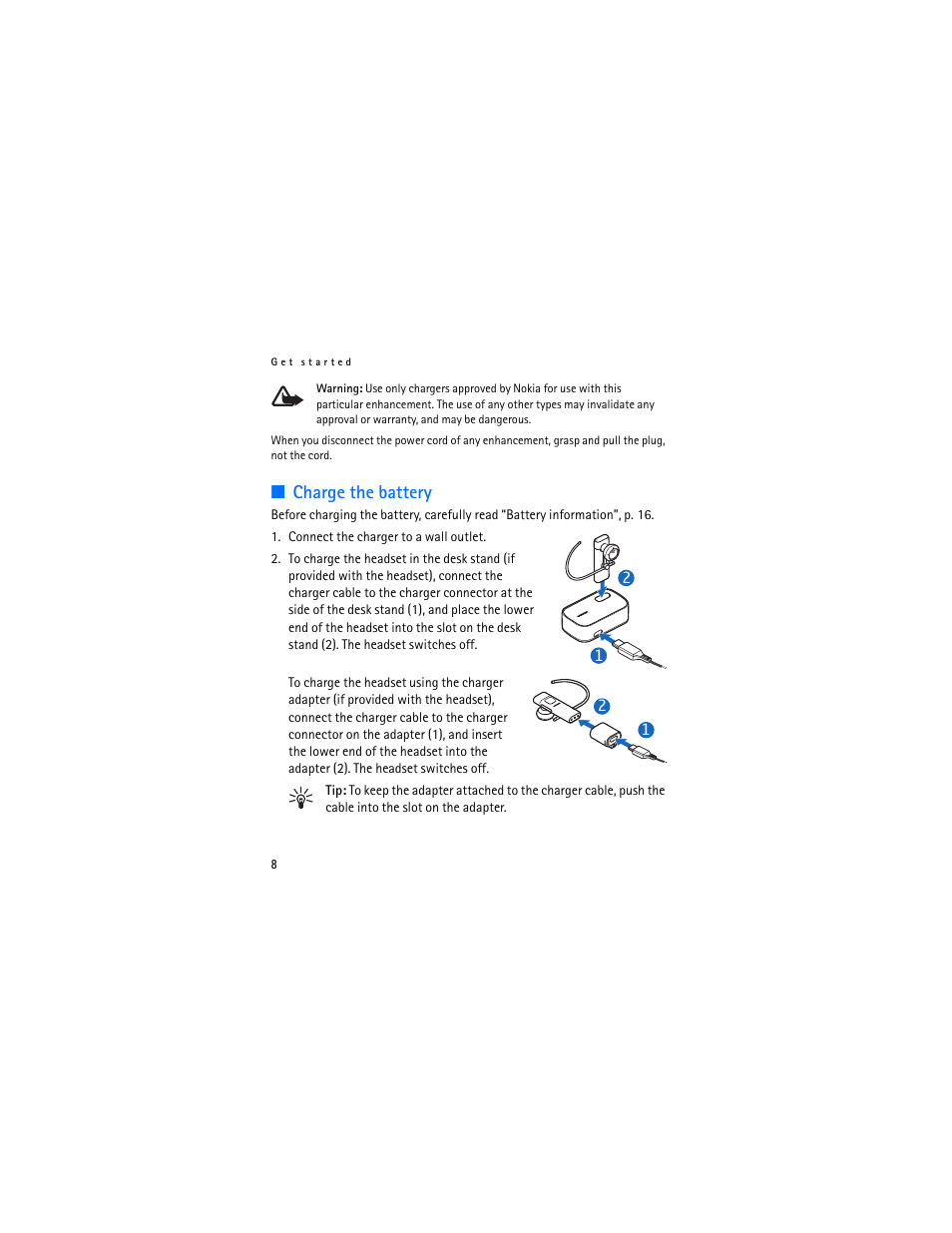 Charge the battery | Nokia BH-804 User Manual | Page 8 / 19
