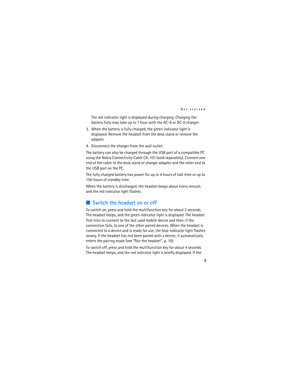 Switch the headset on or off | Nokia BH-804 User Manual | Page 9 / 19