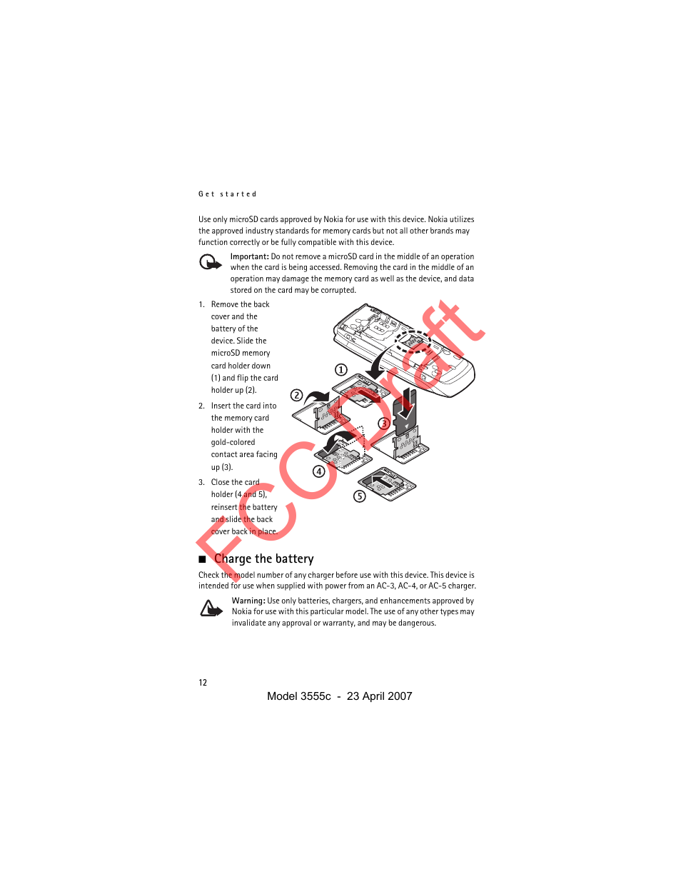 Charge the battery, Fcc draft | Nokia Cellphone 3555c User Manual | Page 12 / 86