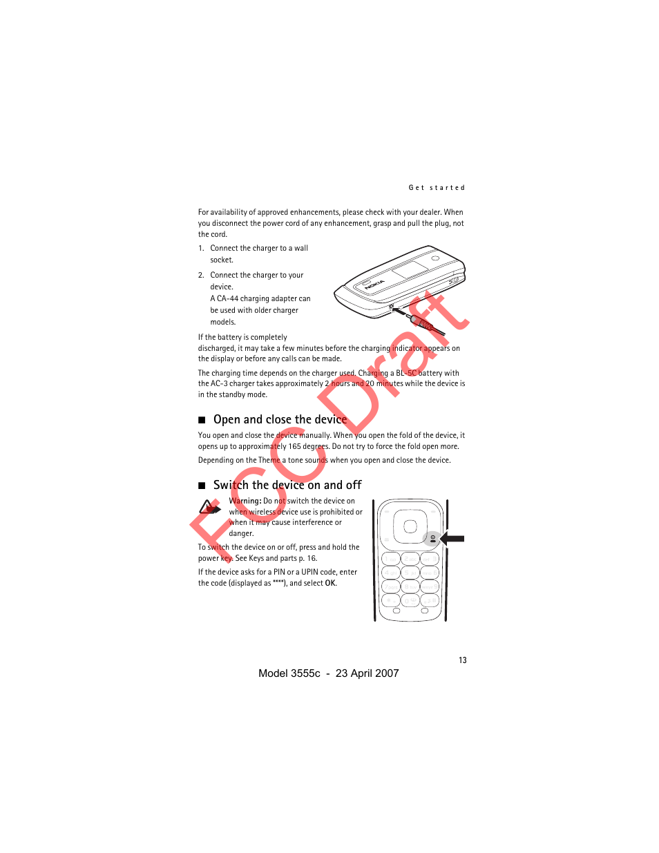 Open and close the device, Switch the device on and off, Fcc draft | Nokia Cellphone 3555c User Manual | Page 13 / 86