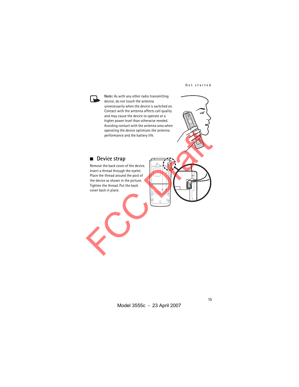 Device strap, Fcc draft | Nokia Cellphone 3555c User Manual | Page 15 / 86