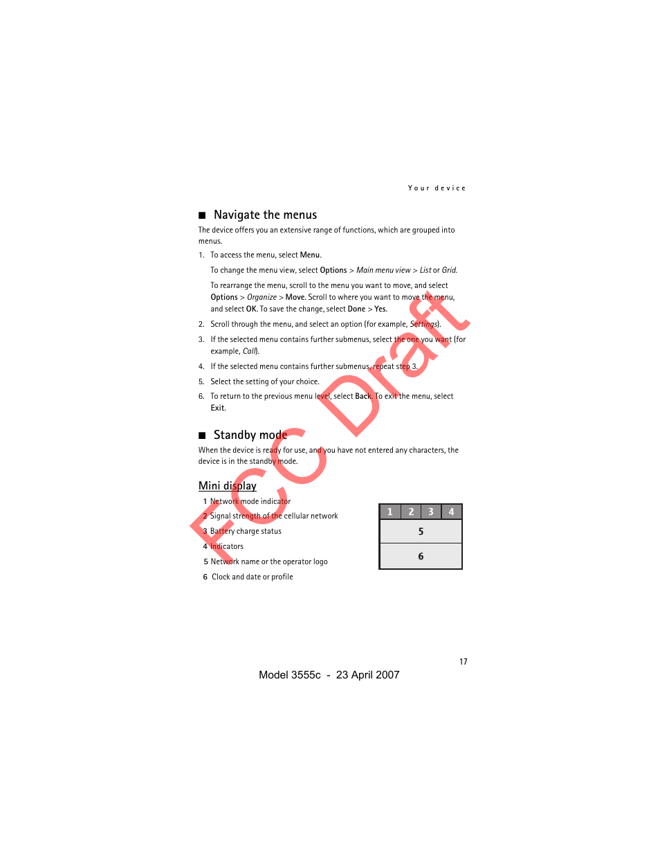 Navigate the menus, Standby mode, Mini display | Fcc draft | Nokia Cellphone 3555c User Manual | Page 17 / 86